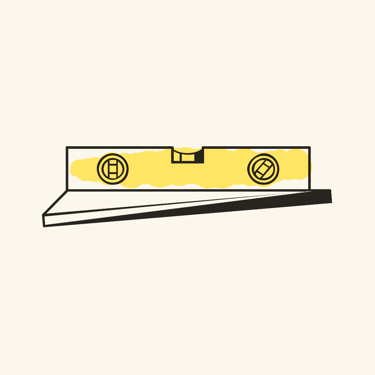 A spirit level sitting on a shelf board, checked true, the running workflow