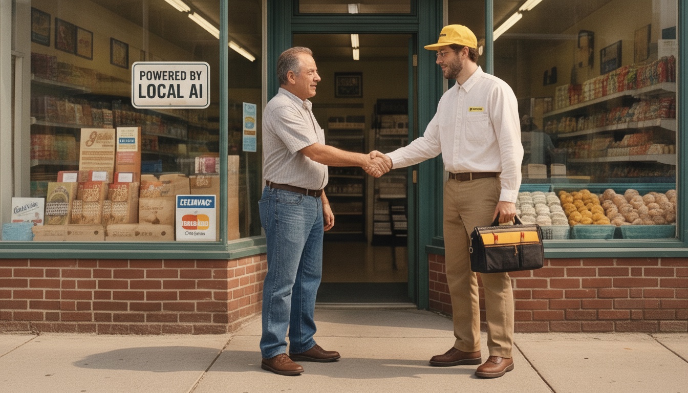 Mr. Wilson shaking hands with a shop owner outside their storefront, a Powered by Local AI sign in the window.