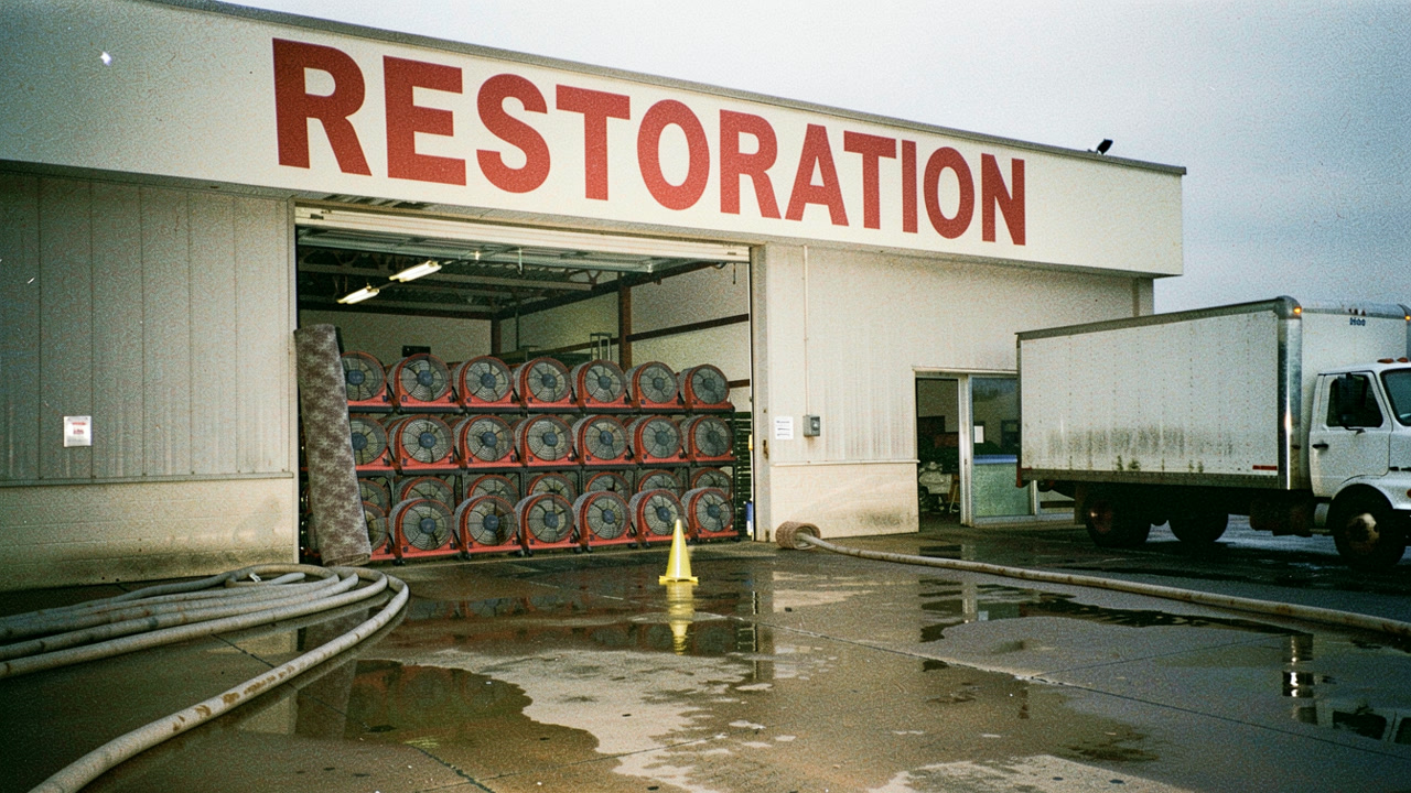 A 1991 photograph of a restoration business, its sign across the front and nobody in the picture — the poster for the Mr. Wilson film.