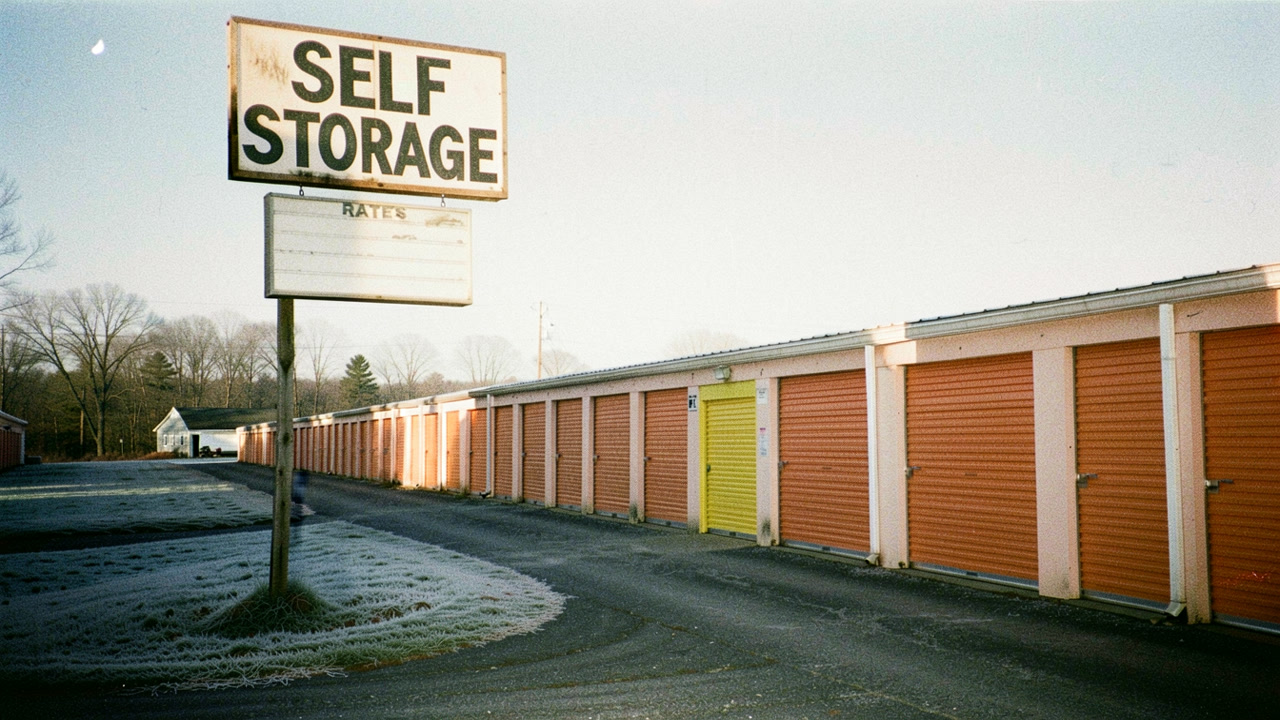 A 1991 photograph of a self-storage business, its sign across the front and nobody in the picture — the poster for the Mr. Wilson film.